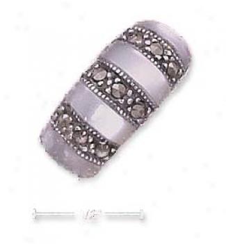 Sterling Silver Marcasite Mother Of Pearl Ringed Dome Ring