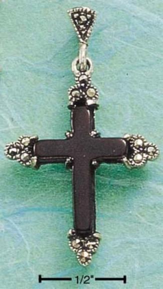 Sterling Silver Marcasite Tipped Onyx Cross Pendant