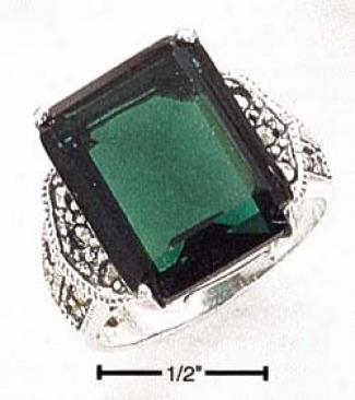 Sterling Silver Marcasite With 13x16 Green Silex Ring