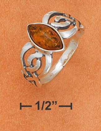 Sterling Silver Marquise Honey Amber With Celtic Band Ring