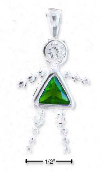 Sterling Silver May Bead Girl Charm With Dark Green Cz