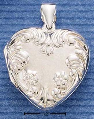 Sterling Silver Medium Floral Embossed Heart Locket Pendant