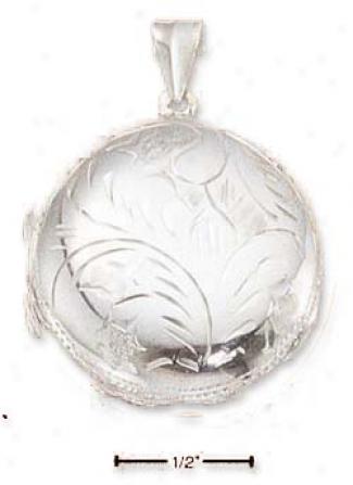 Sterling Silver Medium Puffed Etched Round Locket Pendant