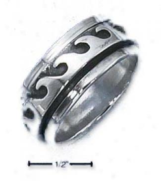 Genuine Silver Mens Antiqued Wave Spinner Band Ring