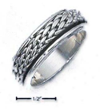 Sterling Silver Mens Antiqued Woven Spinner Band Ring