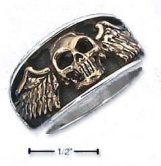 Sterling Silver Mens Bronze Skull With Wings Ring