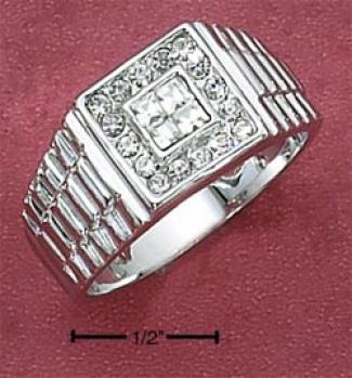 Sterling Silver Mens Ring With 4 Czs With Cz Border