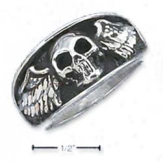 Sterling Silver Mens Skyll With Wings Ring