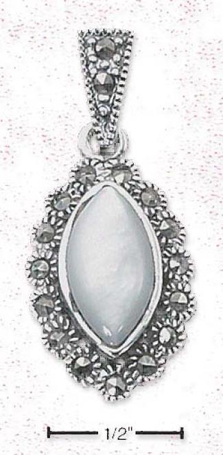 Sterling Silver Mop Pendant Scalloped Marcasite Border Bail