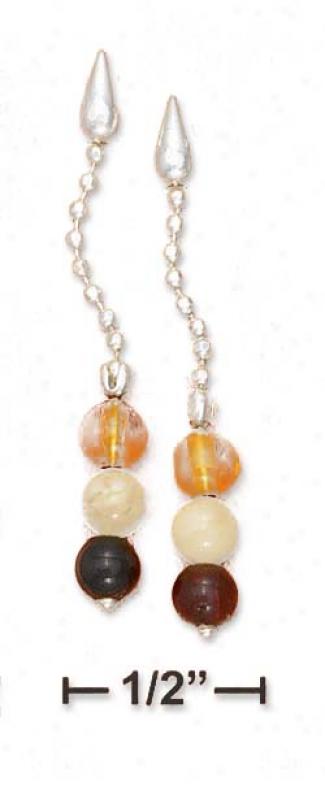 Sterling Silver Multicolor Amber Beads Pozt Dangle Earrings