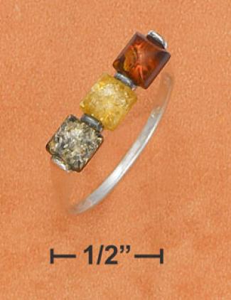 Genuine Silver Multicolor Amber Square 3 Stone Ring
