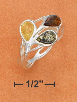 Sterling Silver Multicolor Amber Teardrops Weave Band Ring