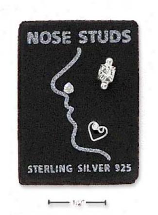Sterling Sil\/er Nose Studs Set: Circle Heart Solitaire Balls