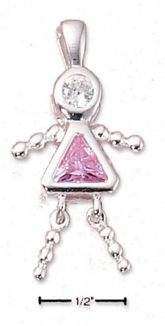 Sterling Silver October Bead Girl Charm With Pink Cz