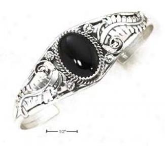 Sterling Sliver Onyx Cab Fancy Scroll Tapered Shank Cuff