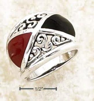 Sterling Silver Onyx Red Coral Triajgle Inlays On Dome Ring