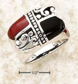 Genuine Silver Onyx Red Stone Opposing Dome Settkng Ring