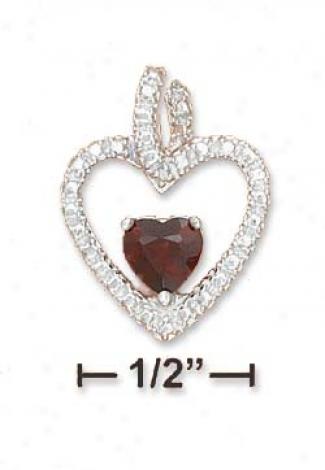 Sterling Silver Open Cz Heart Garnet Heart Center Pendant