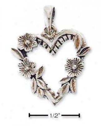 Sterling Silver Open Heart With Three Flowers Forward Edge Charm