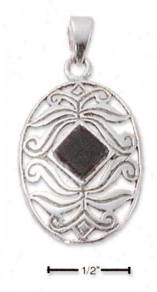Sterling Silver Oval Filigree Diamond-shaped Onyx Pendant