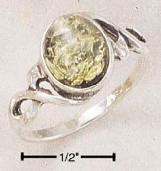 tSerling Silver Oval Green Amber With Fancy Loops Ring