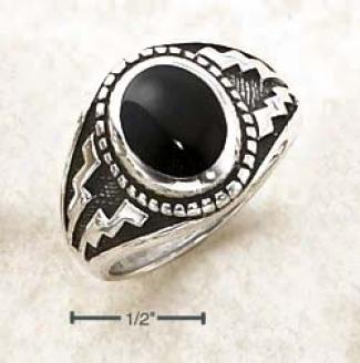 Sterling Silver Oval Jet With Wide Aztec Design Ring