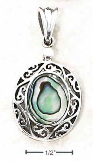 Sterling Silver Ovak Pia Shell Pendant Fancy Scrolled Frame