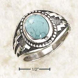 Sterling Silver Oval Turquoise With Wide Aztec Design Ring