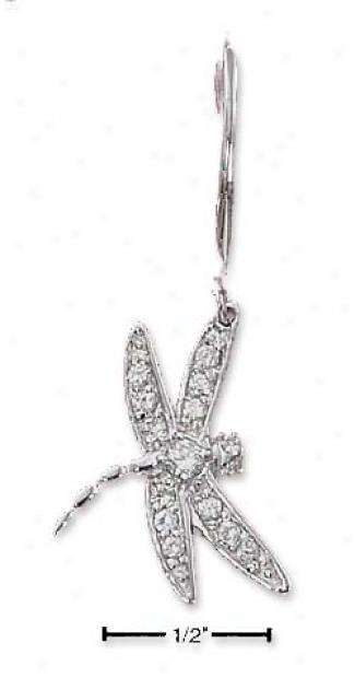 Sterling Silver Pave Cz Dragonfly French Wire Earrings