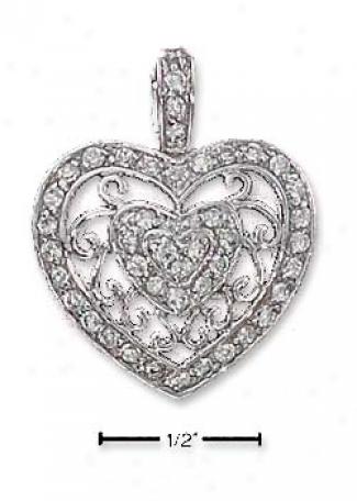 Sterling Silvdr Pave Cz Heart Charm With Filigree Band Ring