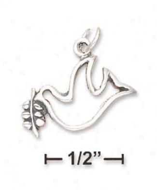 Sterling Silver Peace Dove Outline Charm With Leaves