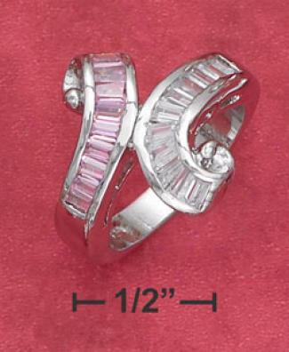 Sterling Silver Pink Clwar Cz 3mm Baguette Swirk Bypass Ring