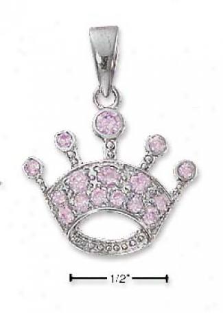 Sterling Sliver Pink Cz Crown Pendant