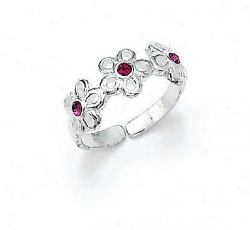 Sterling Silver Pink Cz Flowers Toe Ring
