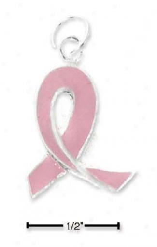 Sterling Silver Pink Enamel Ribbon Charm (approx. 3/4 Inch)