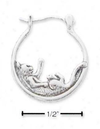 Sterling Silver Playful Cat On Hoop Earrings