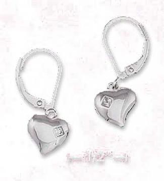 Sterling Silver Puffed Heart Leverback Earrings 2mm Cz Inset