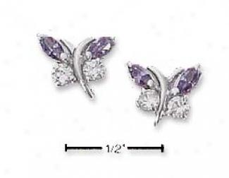 Sterling Silver Purple And Clear Cz Buttterfly Post Earrings