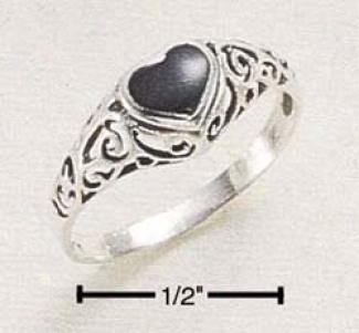 Sterling Gentle Raised Filigree Band Ring With Onyx Heart