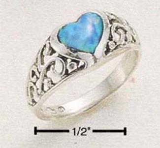 Sterling Silver Raised Filigree Ring Lab Created Opal Heart