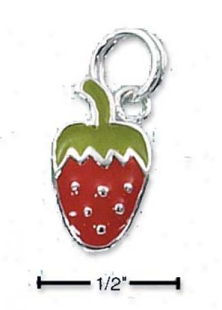 Sterling Silve5 Red And Green Enamel Strawberry Charm