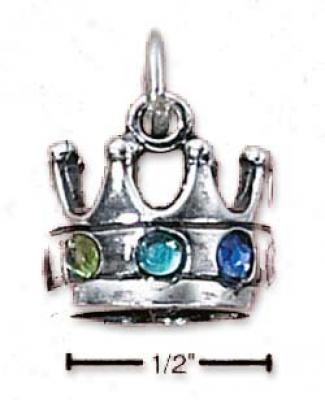 Sterling Silver Regal Crown With Faux Gemstones Charm