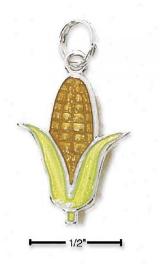 Sterling Silver Rhodium Plated Enamel Ear Of Corn Charm