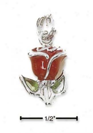 Strrling Silver Rhodium Plated Enamel 3d Rose Charm