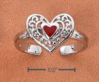 Sterling Silver Rhodium Plated Scrolled Red Heart Toe Ring