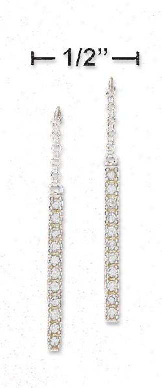 Sterling Silver Rolo Chain And Cz Bar Dangle Post Earrings