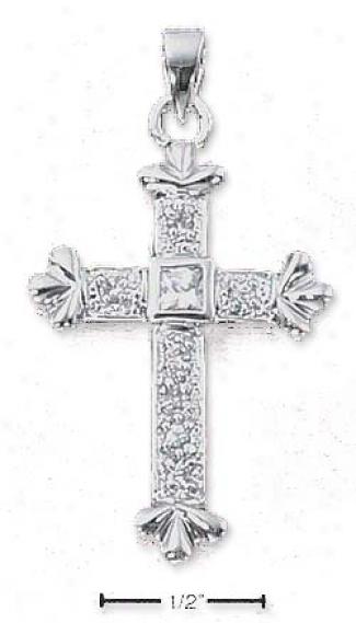 Sterling Silver Roman Cross Pendant With Cz In Center