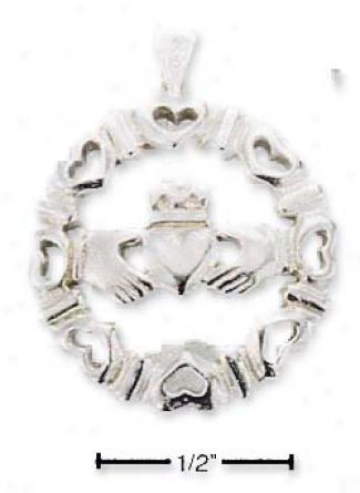 Sterling Silver Round Claddaugh Surrounded With Hearts