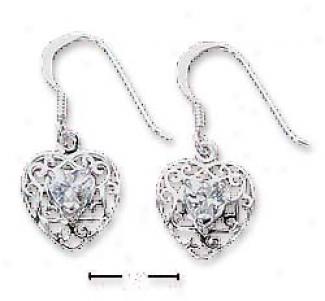 Sterling Silver Scroll Design Earrings Heart Shaped Czs