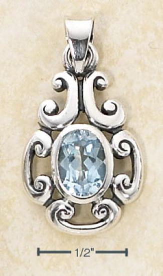 Sterling Silver Scroll Design Oval Blue Topaz Stone Pendant